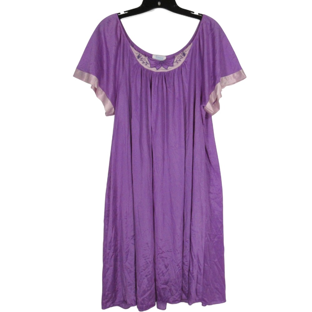 VTG FINESSE Silky NYLON Purple EMBROIDERED BOW Pleated LOUNGE NIGHTGOWN Sz L